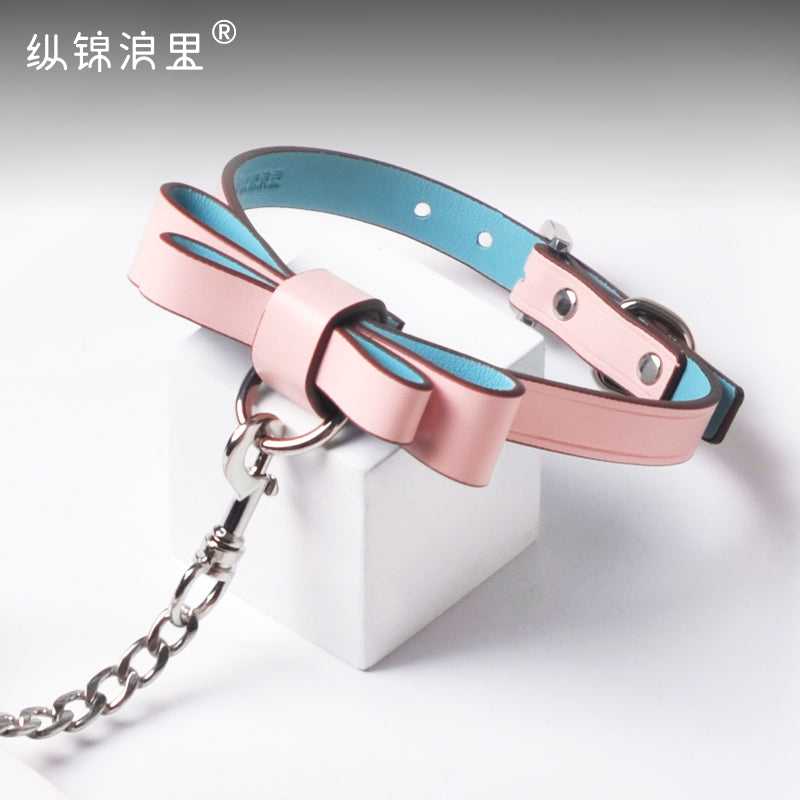 SM leather collar, dog chain, leash, leash to eat, rest bow, master slave bondage, flirting tool