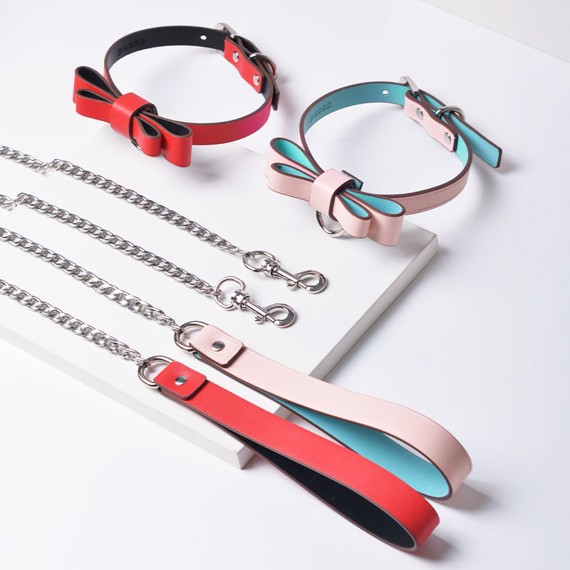 SM leather collar, dog chain, leash, leash to eat, rest bow, master slave bondage, flirting tool