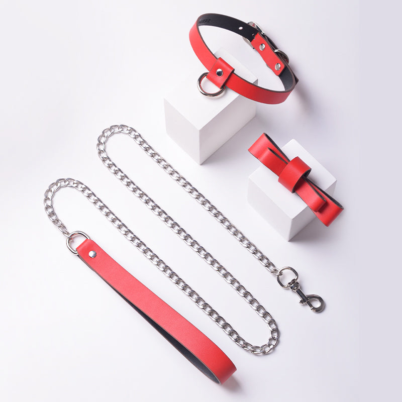 SM leather collar, dog chain, leash, leash to eat, rest bow, master slave bondage, flirting tool