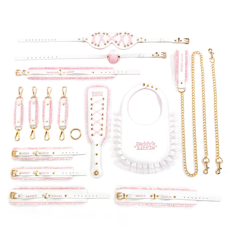 BDSM Kit Bondage Set for Daddy Dom's Little Girl DDLG ABDL Age Play Female Users, 14 PCS Lace & Leather Restraint Sets with Kinky Pacifier Gag, Bib, Collar (Pink&White)